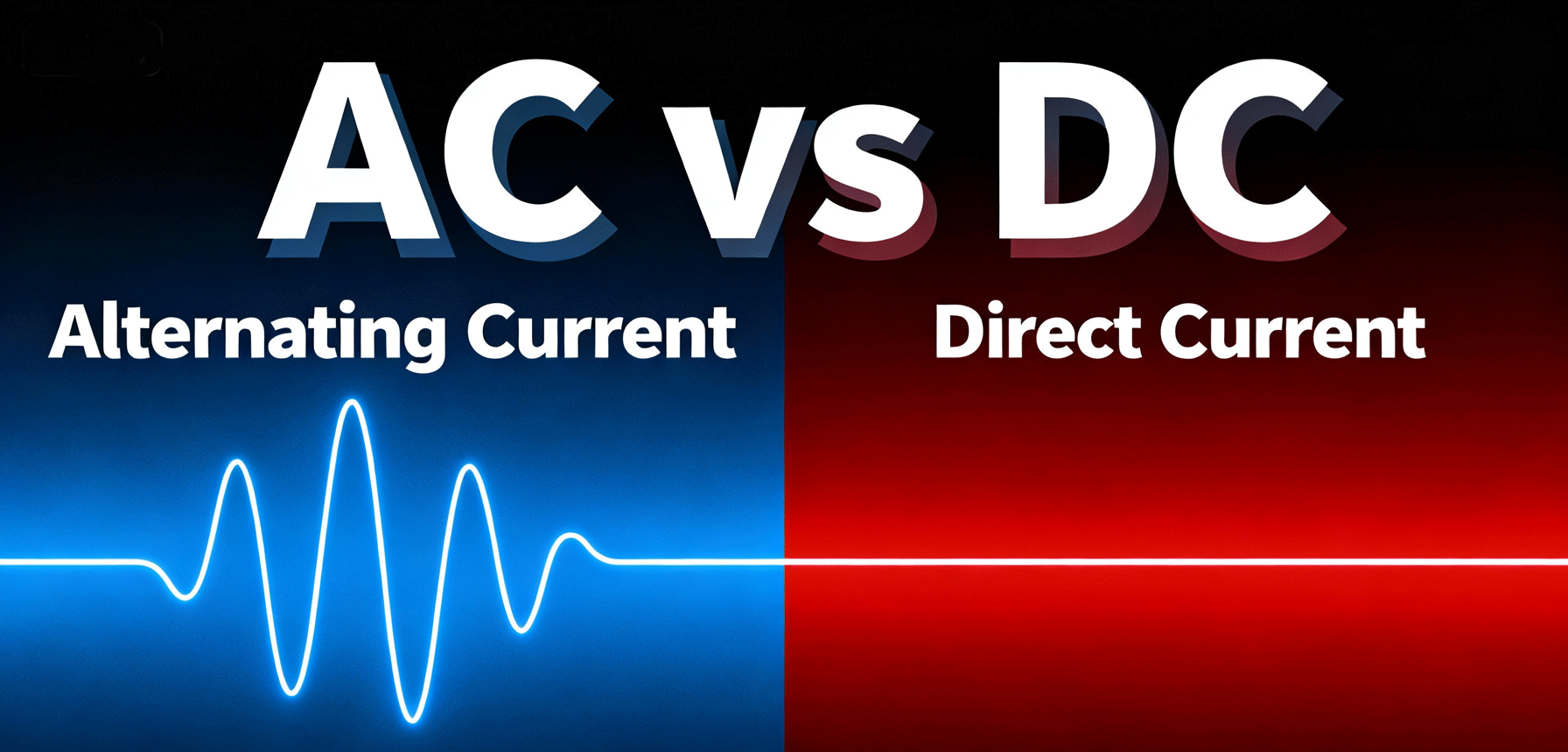 jimeng-2025-10-24-6658-现代科技封面设计风格,交流电和直流电对比的文章封面图。画面采用分屏设计，左侧为交..