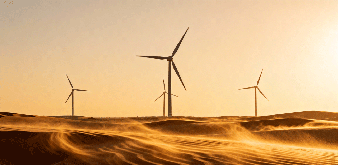 jimeng-2025-12-05-9769-沙漠中有几台风力发电机,有金色的风吹过